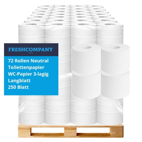 18 x 72 Rollen Neutral Toilettenpapier, WC-Papier 3-lagig, Langblatt, 250 Blatt, 1 Palette